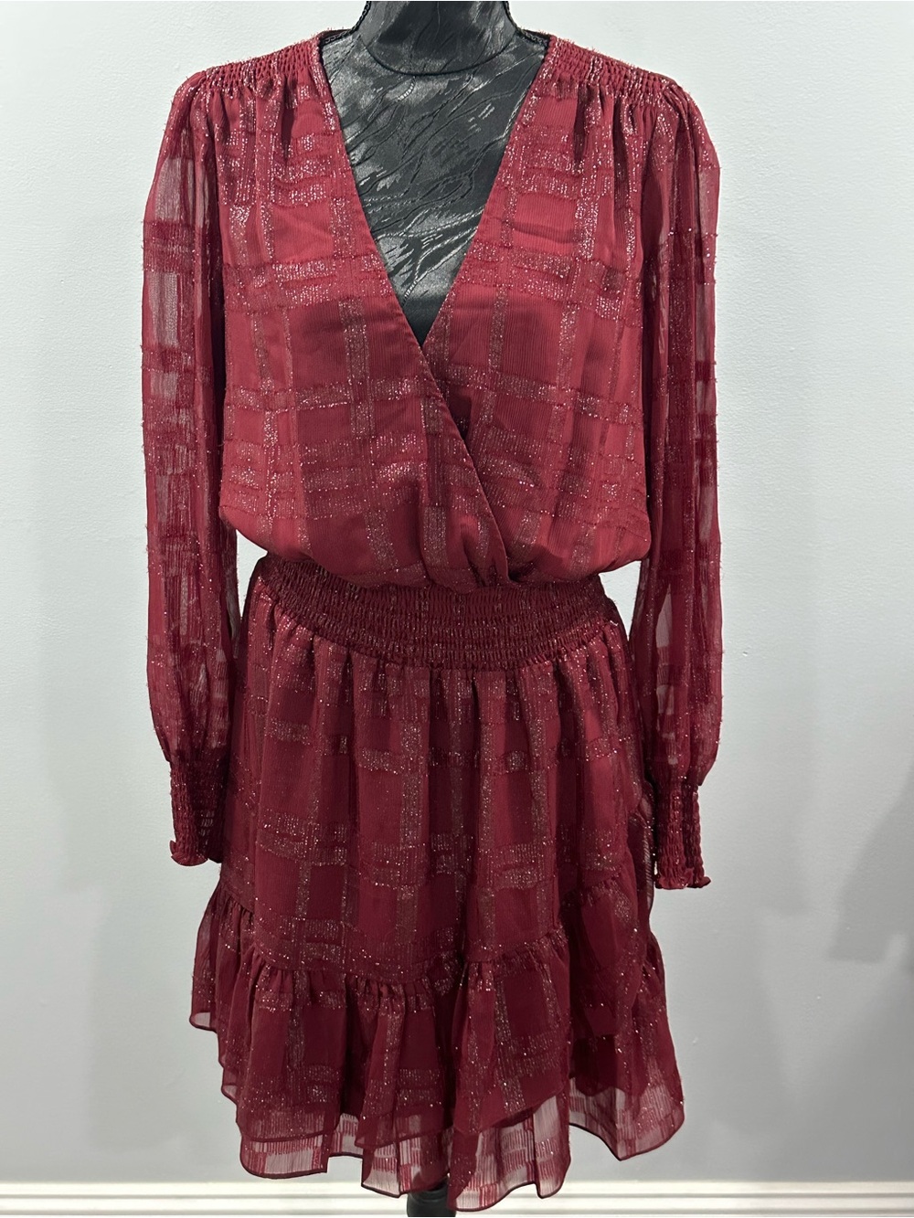 Michael Kors Wine Metallic-Check Long Sleeve V-Neck Dress